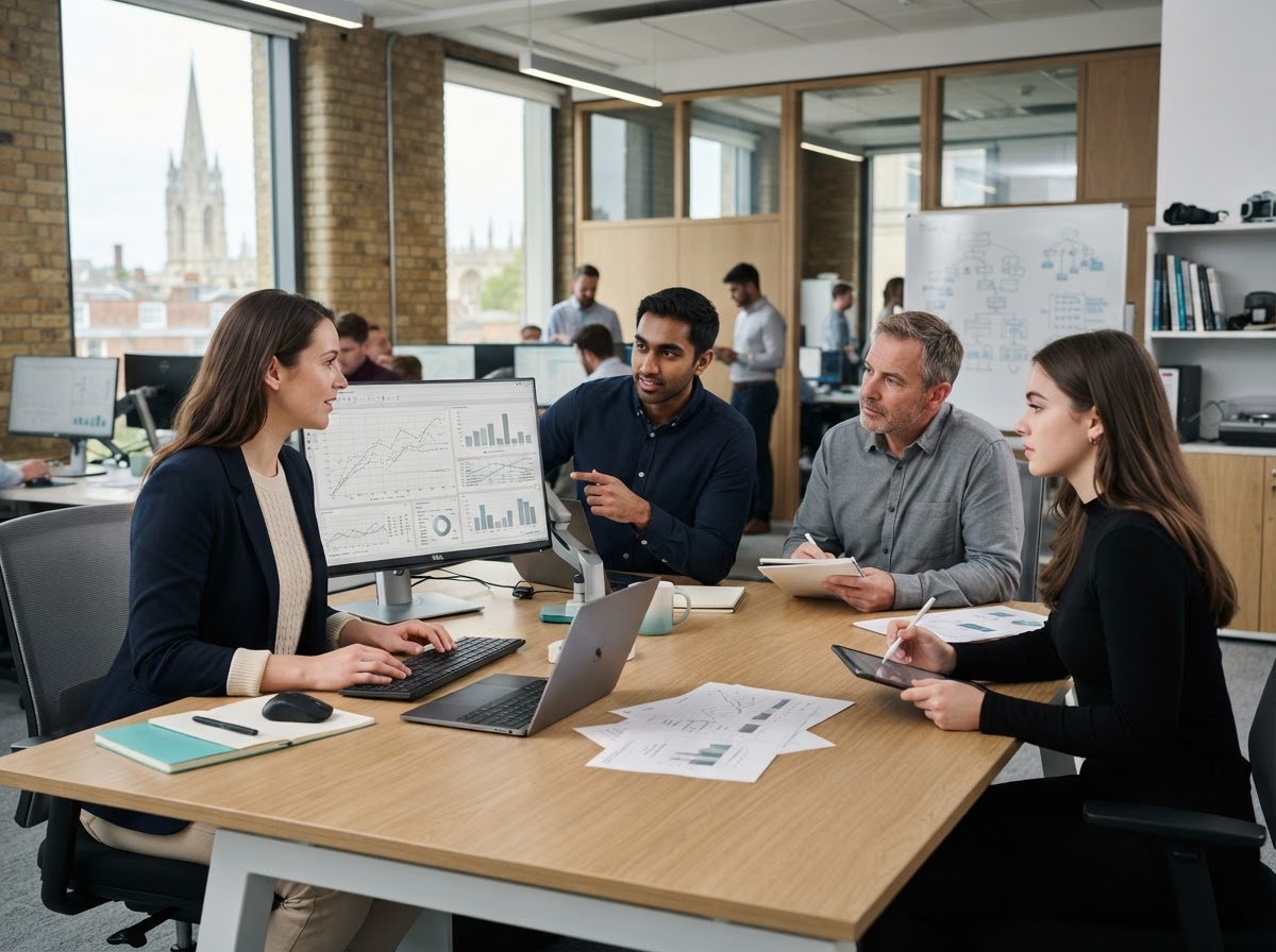 Hyrvantis analysts reviewing predictive investment data on screens